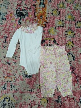 Bon Ton Baby Girls White Bodysuit & Floral Pink Pant Set